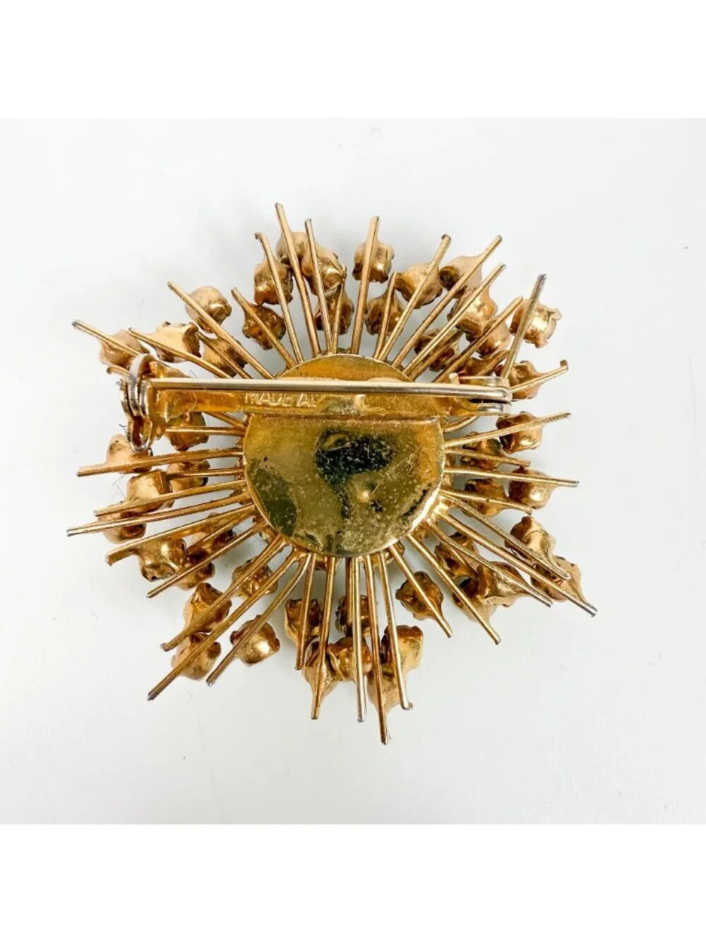 Vintage  Austrian Green Uranium Rhinestones Starburst Gold Tone Brooch
